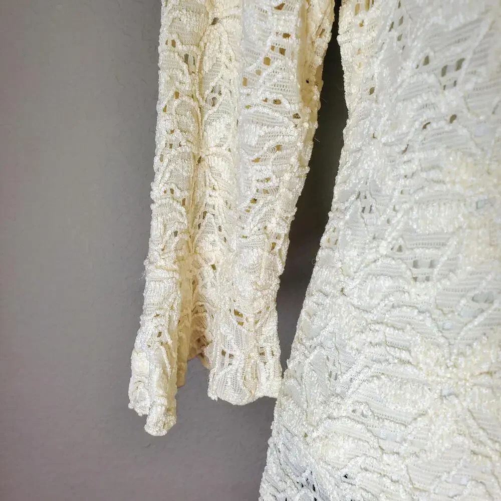 Brittany Black Vtg 90s/Y2K Stretchy Lacey Long Sleeve Lined Top Ivory S/M - Picture 5 of 12